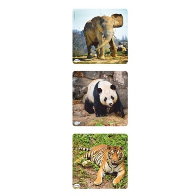 Três peças de puzzle com imagens de elefante, panda e tigre.