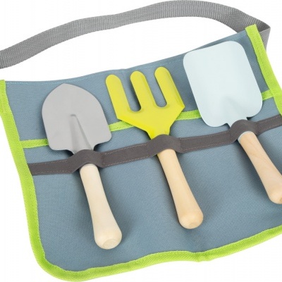 Conjunto de ferramentas de jardinagem infantis com bolsos em tecido cinzento e verde
