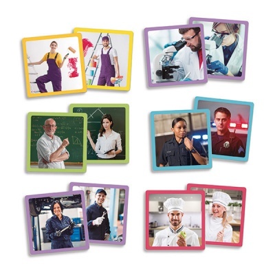 Cartas de jogo coloridas com imagens de várias profissões em diferentes ambientes de trabalho.