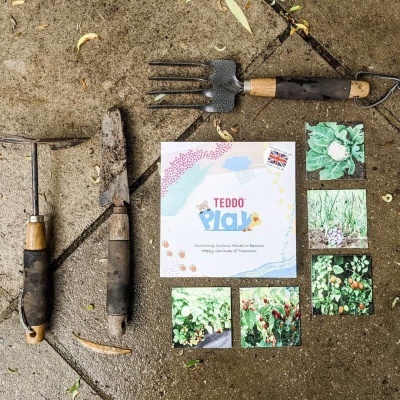 Ferramentas de jardim com folheto TEDDO play e cartões com imagens de plantas sobre chão de terra