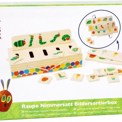 Caixa de jogo de ordenar imagens Raupe Nimmersatt em madeira com várias peças coloridas