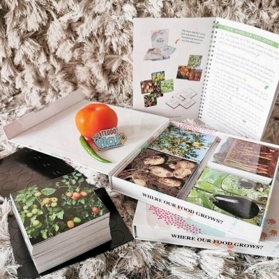 Jogo WHERE OUR FOOD GROWS com cartas, livro e marcador em fundo felpudo cinza.