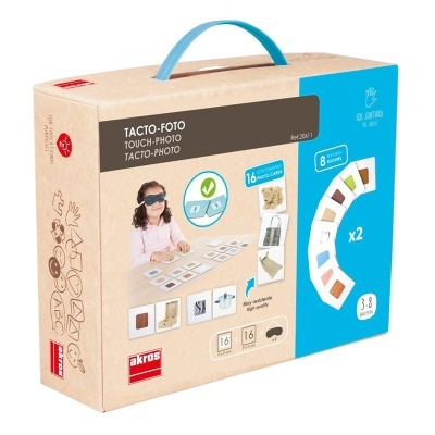 Embalagem de produto educativo TACTO-FOTO com imagens de jogo e alça azul