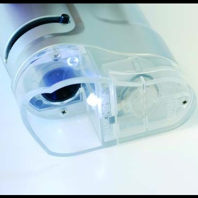 Dispositivo plástico cinzento com tampa transparente e abertura circular