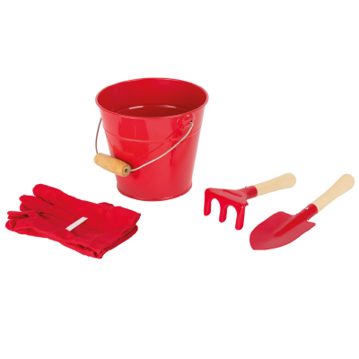 Conjunto de jardinagem com balde vermelho, luvas, ancinho e pá de mão com cabos de madeira