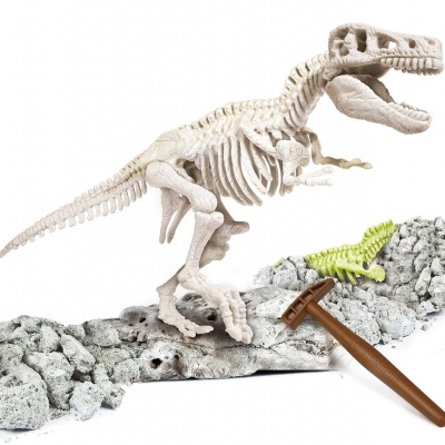 Conjunto de escavação infantil com esqueleto de dinossauro, rochas, martelo de madeira e pequeno dinossauro verde