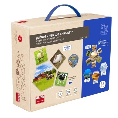 Caixa de jogo educativo AKROS '¿DÓNDE VIVEN LOS ANIMALES?' com imagens de animais e paisagens rurais