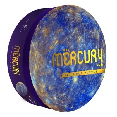 Caixa oval de puzzle 100 peças com imagem do planeta Mercúrio em tons azuis e dourados