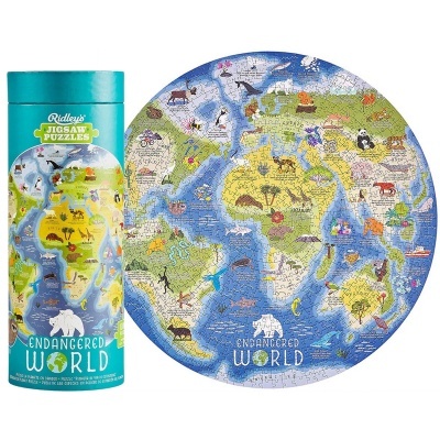 Puzzle circular mapa mundi com animais e embalagem azul-turquesa
