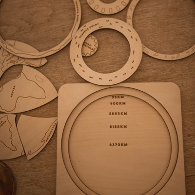 Peças de madeira recortadas com números e mapas gravados