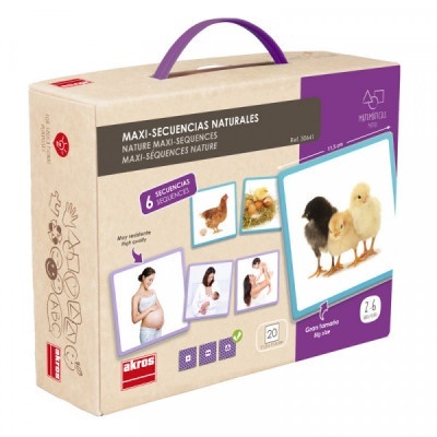 Caixa educativa MAXI-SECUENCIAS NATURALES com imagens de animais e gravidez, embalagem bege com alça roxa