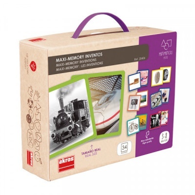 Caixa de jogo MAXI-MEMORY INVENTOS com imagens de invenções e pega roxa