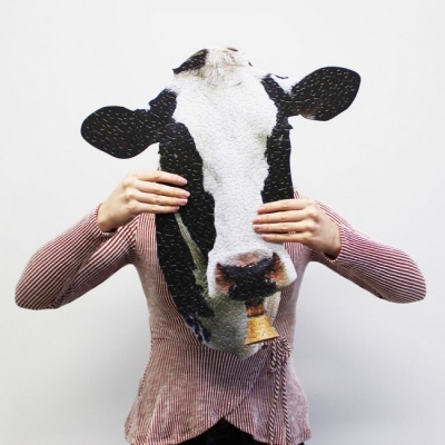 Máscara de cabeça de vaca preta e branca com sino dourado, segurada por pessoa com casaco listrado