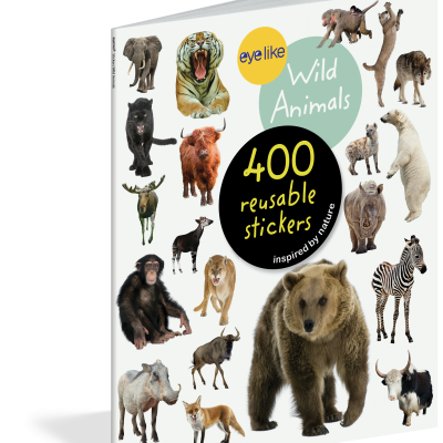 Capa de livro com imagens de animais selvagens e texto em inglês sobre autocolantes reutilizáveis.