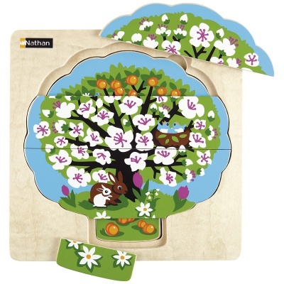 Quebra-cabeças de madeira em forma de árvore florida com coelho e ninho