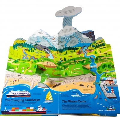 Livro pop-up colorido mostrando ciclo da água e paisagem natural