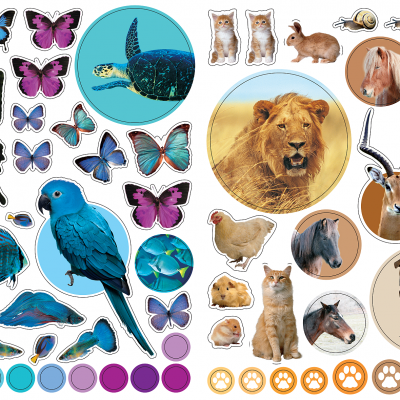 Adesivos de animais variados recortados sobre fundo branco