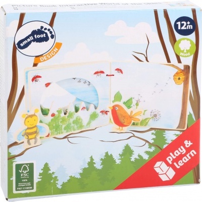 Embalagem colorida de brinquedo educativo de madeira para crianças, com desenhos de animais e natureza