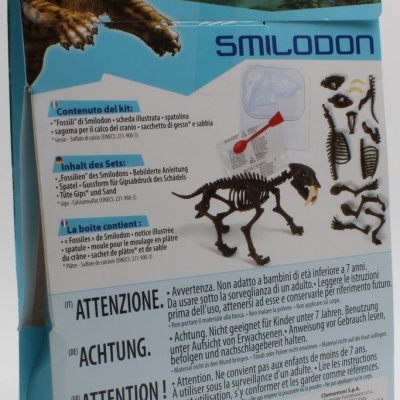 Embalagem de kit de fósseis Smilodon com texto informativo e imagem do esqueleto