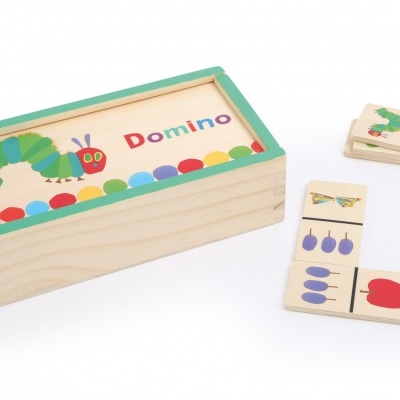 Jogo de dominó de madeira com caixa decorada e peças desenhadas com frutas e objetos coloridos