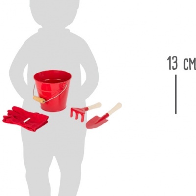 Conjunto infantil de jardinagem com balde, rastelo, pá e luvas vermelhas