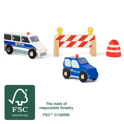 Brinquedos de madeira: carros de polícia, barreira de construção e cone de trânsito