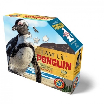Caixa de puzzle em formato de pinguim com imagem de um pinguim e texto I AM LiL PENGUIN