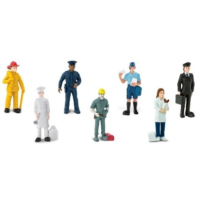 Miniaturas coloridas de seis profissionais em diferentes fardas