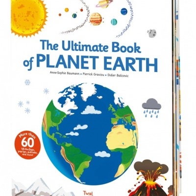 Capa do livro The Ultimate Book of Planet Earth com ilustrações do planeta Terra e elementos naturais.