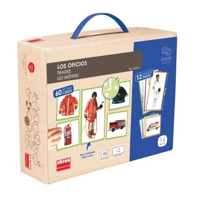 Caixa de jogo educativo LOS OFICIOS com cartas ilustradas e embalagem em cartão com pega azul
