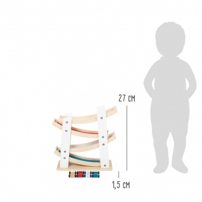 Brinquedo de madeira carrinho com três rampas e quatro carros coloridos