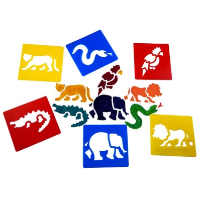 Estênceis quadrados coloridos com silhuetas de animais.