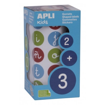 Caixa azul de autocolantes APLI kids com letras minúsculas coloridas e números azuis.