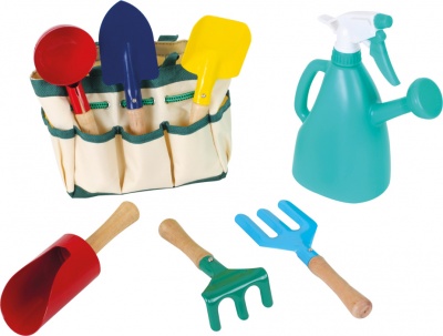 Conjunto de ferramentas de jardinagem infantil coloridas com bolsa e regador