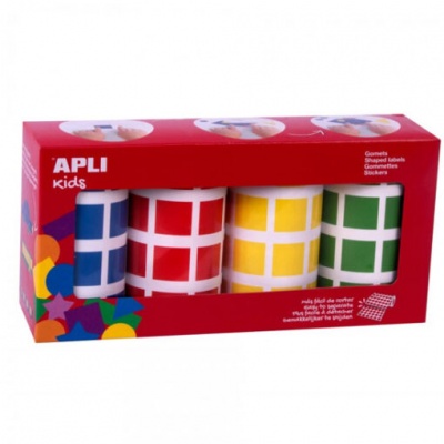 Caixa vermelha com rolos de autocolantes quadrados coloridos APLI Kids