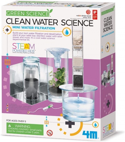 Kit educativo para filtração de água CLEAN WATER SCIENCE na caixa com imagens do produto e instruções.