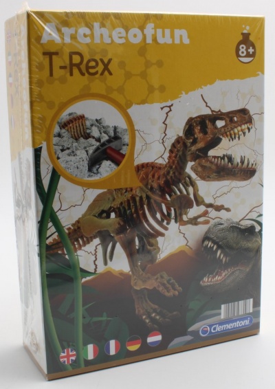 Caixa amarela do brinquedo Archeofun T-Rex com esqueleto de dinossauro