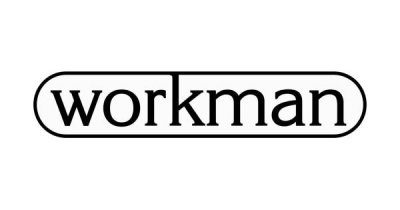 Logótipo com o texto 'workman' em preto, fundo branco, borda arredondada preta