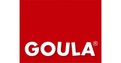 Logótipo da marca GOULA em branco sobre fundo vermelho