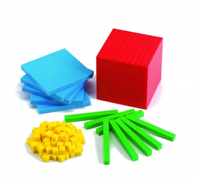 Peças coloridas para ensino de matemática, cubo vermelho, quadrados azuis, cubos amarelos e barras verdes.