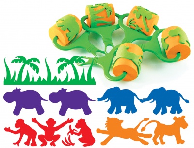 Carimbos de espuma coloridos com motivos de animais e padrões de selva verdes.