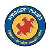 Logotipo de empresa de puzzles com peça de puzzle vermelha no centro sobre fundo azul