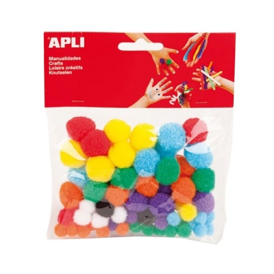 Saco de pompons coloridos para artesanato com embalagem vermelha e texto APLI Manualidades Crafts.