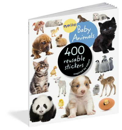 Livro de stickers com imagens de animais bebés e texto na capa