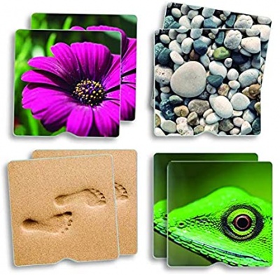 Conjunto de porta-copos quadrados com estampas variadas de flor, pedras, pegadas na areia e olho de lagarto.