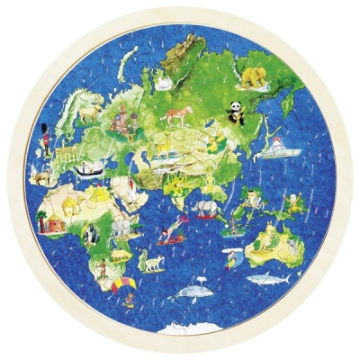 Quebra-cabeça circular com mapa ilustrado do hemisfério oriental e animais