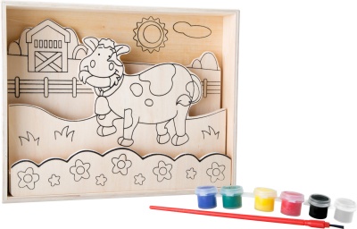 Puzzle de madeira com desenho de vaca para colorir e tinta com pincel