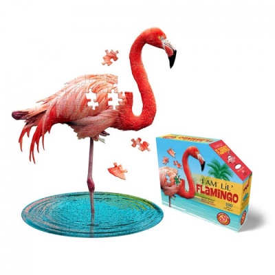 Quebra-cabeças 3D de flamingo rosa com base azul e caixa colorida