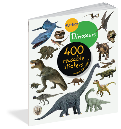 Livro de stickers reutilizáveis com dinossauros coloridos e texto promocional.