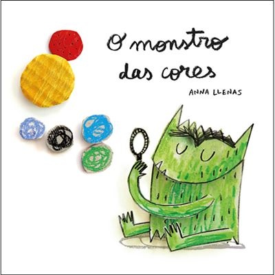 Capa de livro infantil O monstro das cores com ilustração de monstro verde e círculos coloridos